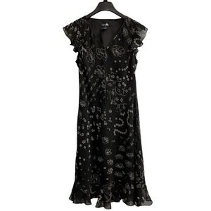 Vintage Eva Blue Y2K Dress 10 Black Sheer Floral Beaded Fairy Grunge Whimsigoth